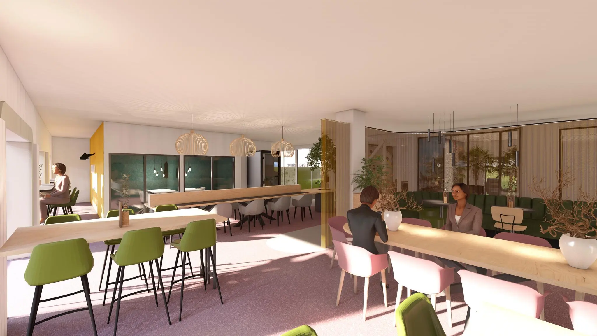 Moderne, licht ingerichte kantoorruimte aan de Marten Meesweg met diverse werkplekken en zitgedeeltes.